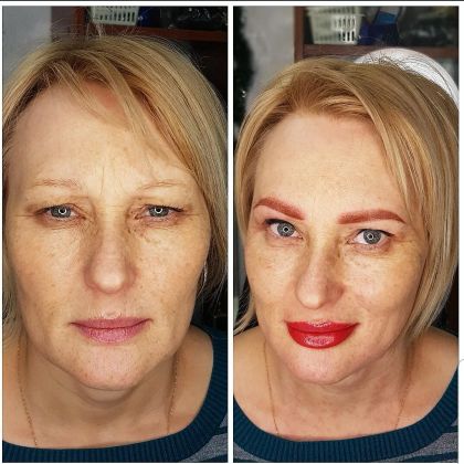 Перманентный макияж бровей, глаз и губ. Слева фото до, справа сразу после процедуры