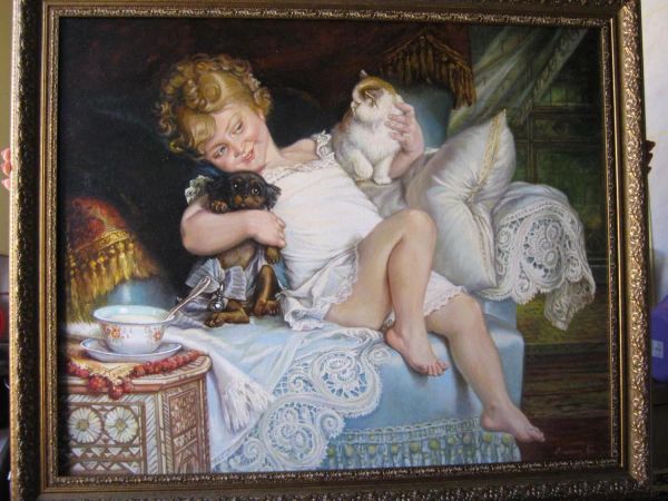 Автор картины Эмиль Мюньет (2 июня 1840 – 29 июня 1895). Копия картины «Девочка с собачкой», холст, масло, размер 67 х 80, в раме. К праздникам 20% скидка.