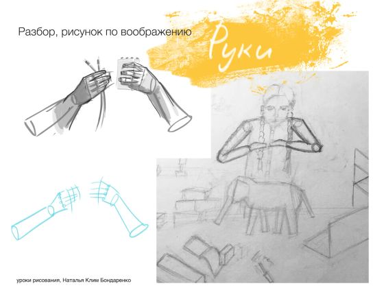 Разбор домашнего задания ученицы (11 л.). Лиза выполнила рисунок по воображению, изучаем анатомию рук.