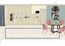 Коллаж кухни для проекта "Квартира для семьи в Подольске". 
Проект на стадии реализации.  Стены- краска, фартук-плитка. Мебель будет изготавливаться в нашей столярной мастерской. 