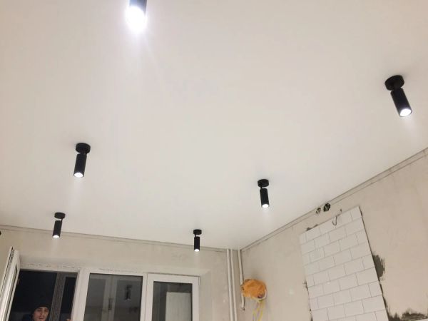 Матовый натяжной потолок и трекерные светильники.