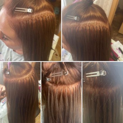 Наращивание волос: длинные, естественные пряди для густоты и объема на модели.