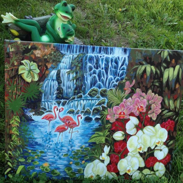 копия картины Елены Калашниковой - Райский сад. Фламинго и орхидеи. Водопад полностью мною переделан.