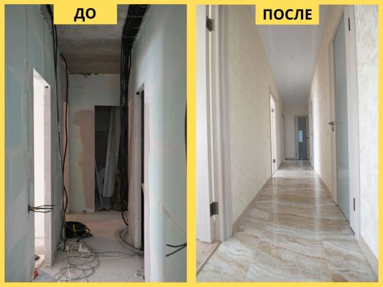 Комплексный ремонт коридора: обновление стен, чистовая отделка и освещение.