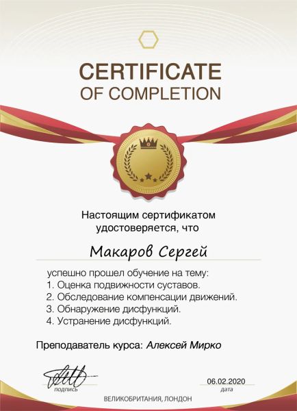 Сертификат оценка подвижности суставов