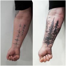 Татуировка «Лес» с перекрытием старой, один сеанс