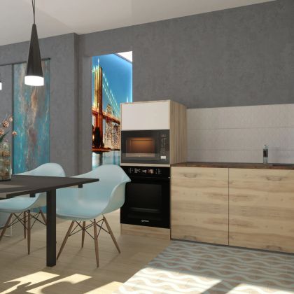 Дизайн кухни-гостиной в современном стиле с элементами лофта