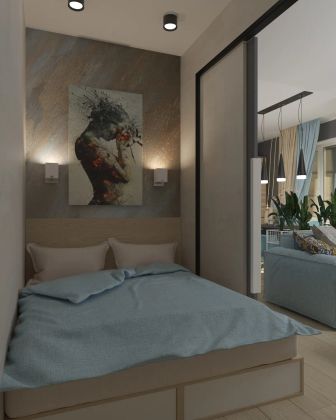 Дизайн спальной зоны, выделенном пространстве гостиной в современном стиле с элементами лофта