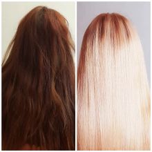 Выход из окрашеного темного волоса в нежный персиковый блондин с последущим восстановлением волос