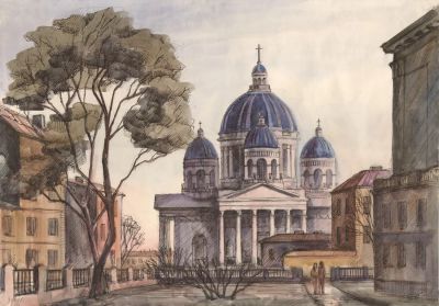 Троицкий Собор в Петербурге. Акварель, тушь.