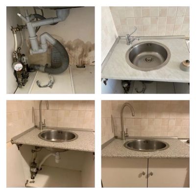 Установка и замена старой раковины , смесителя , сифона , и шкафа , на новый 