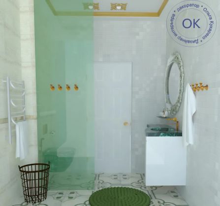 Ванная в  стиле «Барокко». Заказчица очень хотела видеть в своей ванной комнате оборудование цвета малахит, что повлияло на общую концепцию пространства.