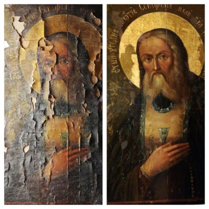 Фрагмент иконы до и после реставрации 