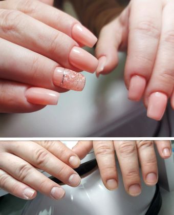 Маникюр с втиркой в нежно-розовом оттенке с акцентным ногтем и аккуратной формой квадрат