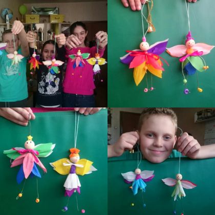 Занятие с детьми в мини-группе (3 ученика, 9-10 лет).
Создание подвесных декоративных фигурок для интерьера. Разбирали сочетание цветов для каждого персонажа, самостоятельно создавали бумажные костюмы, расписывали личики. 