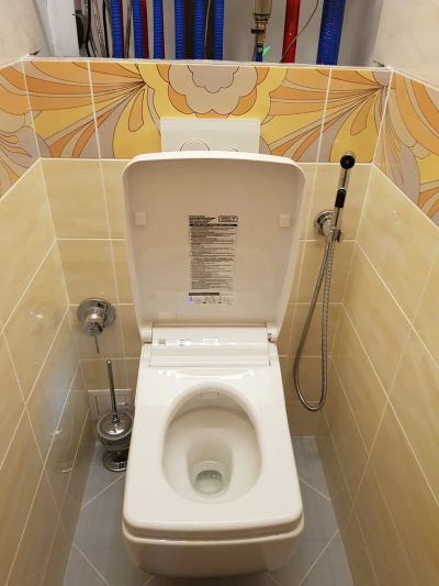 Унитаз: инсталляция Toto, крышка-биде Washlet с электроприводом, подключением к воде и с пультом дистанционного управления
