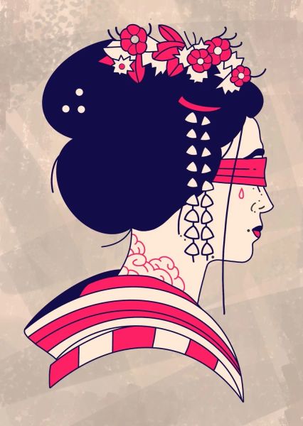 Illustration 3 color, Japan, geisha, minimalistic 