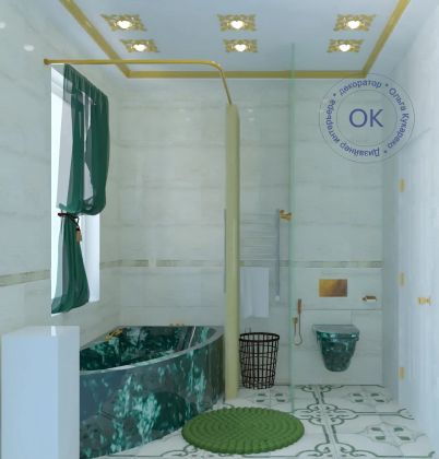Ванная в  стиле «Барокко». Заказчица очень хотела видеть в своей ванной комнате оборудование цвета малахит, что повлияло на общую концепцию пространства.