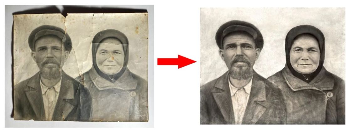 цифровая реставрация. с сохранением фактуры бумаги: удаление заломов, трещин, потертостей, реставрация утраченных участков, цветокоррекция