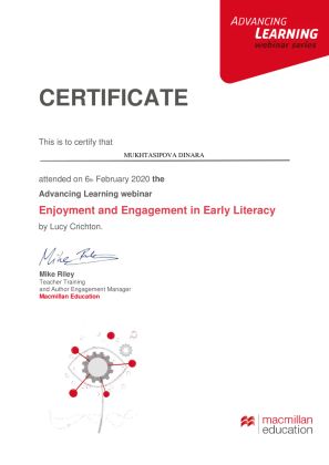 Сертификат участника вебинара Enjoyment and Engagement in Early Literacy by Lucy Crichton