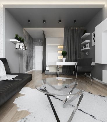 Гостиная в современном стиле с зонированием для спального места и рабочего стола 