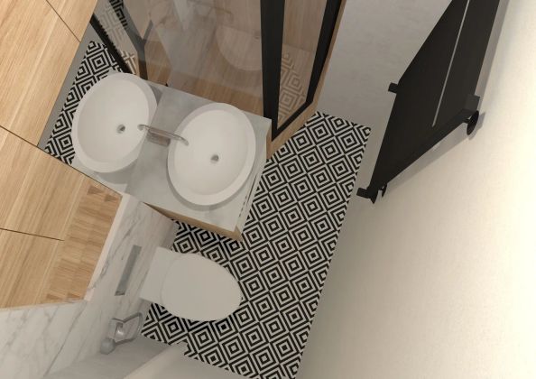Дизайн-проект совмещенного санузла в студии. Квартира в г.Санкт-Петербург для молодой девушки. На площади 1,8 кв м размещены:душ, умывальник, стиральная машина, подвесной унитаз, гигиенический душ, шкаф. 